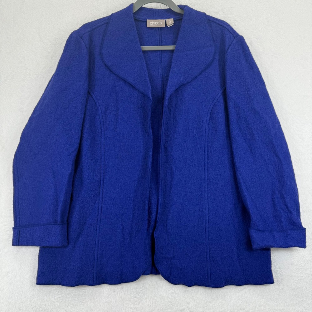 Chico's Wool Blend Open Front Jacket Size 3 US XL‎ Cobalt Blue Coat Knit